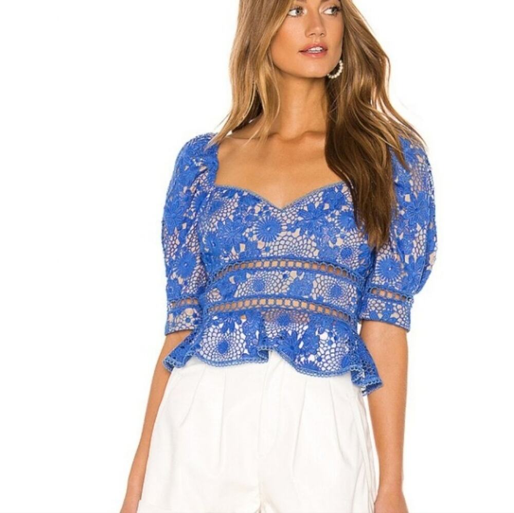 Saylor Marnie Cornflower Blue Embroidered Lace Ruffle Blouse Top Size Small